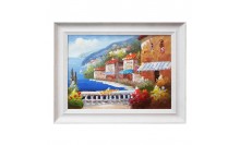 ภาพสีน้ำมัน-กรอบรูปไม้พลาสติกสีขาว ภาพวาดบ้านตากอากาศริมทะเล